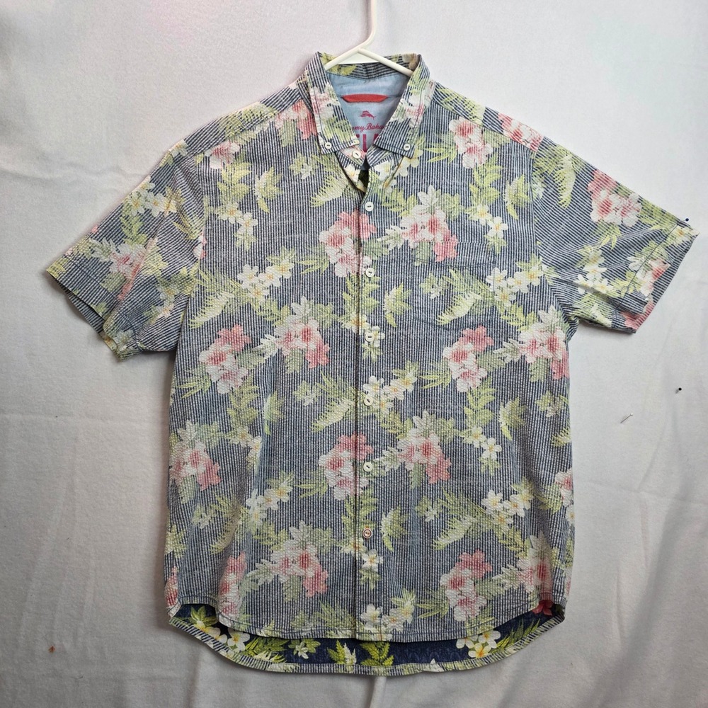 Tommy Bahama Relax Mens‎ Large Floral Pinstripe Seersucker Cotton Tencel Shirt